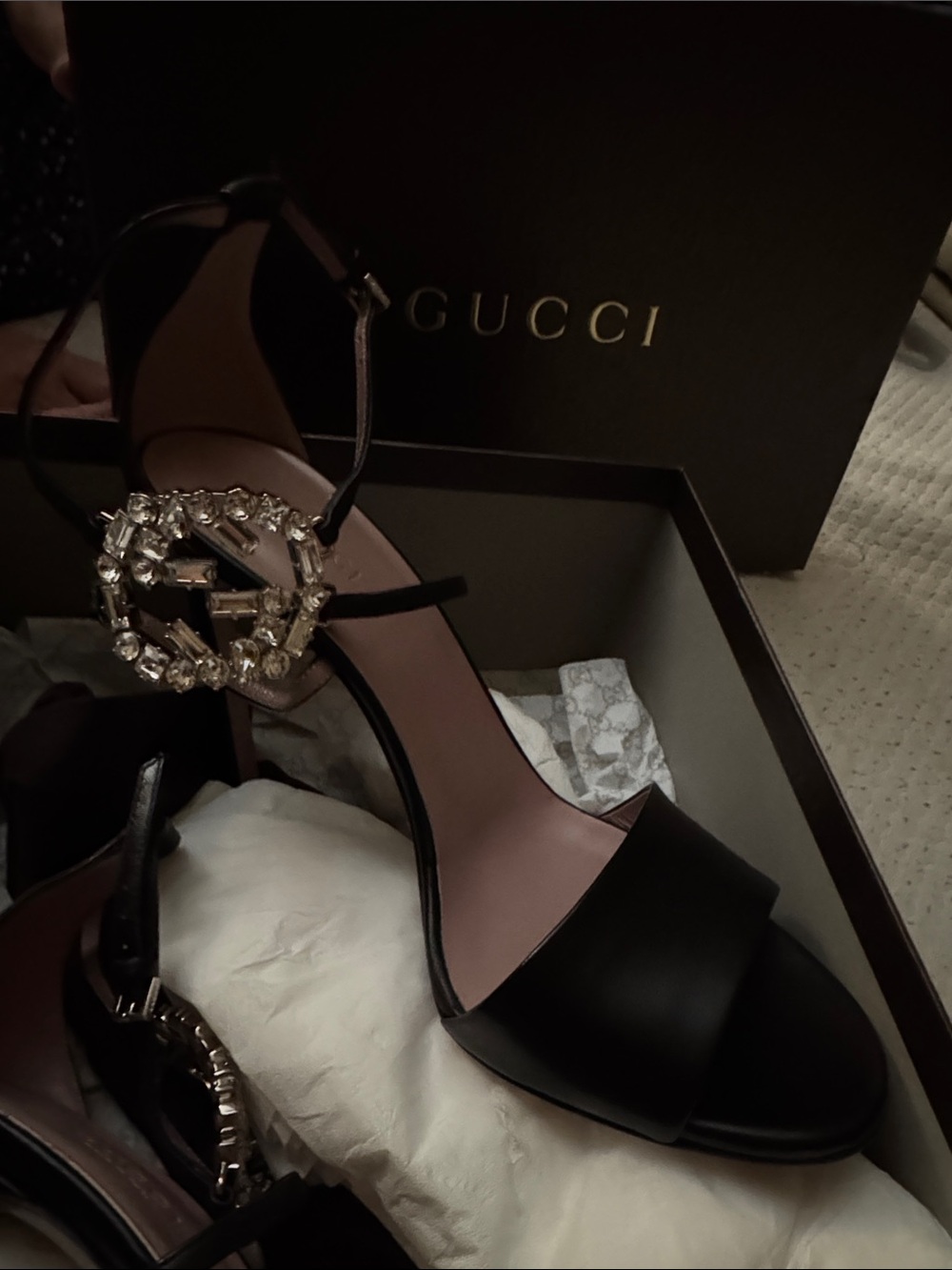 Gucci Black Leather Crystal Buckle Heels